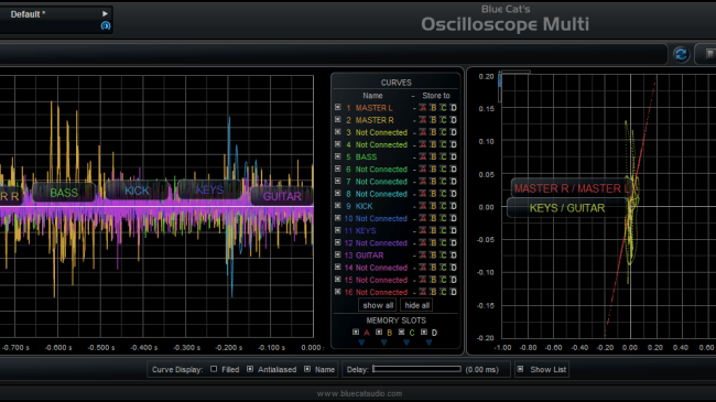 Blue Cat's Oscilloscope Multi - The new dual screen mode lets you see both the waveforms and the XY comparison screen.