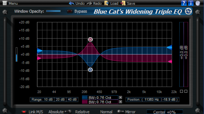 Blue Cat's Widening Triple EQ - Mid-Side Semi-Parametric Stereo Widening Equalizer/Filter (AU, DX, RTAS and VST Plug-in) Blue Cat's Widening Triple EQ - Mid-Side Semi-Parametric Stereo Widening Equalizer/Filter (AU, DX, RTAS and VST Plug-in)