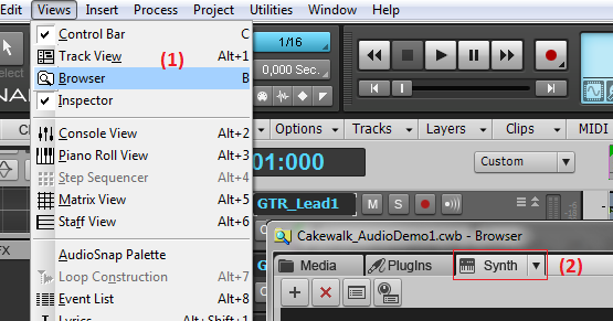 Step 05 - Open the Synth rack (in Sonar X1 it is now available in the browser)