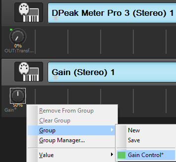 Step 10 - Do the same with the gain plug-in and assign the gain parameter to the same group Step 10 - Do the same with the gain plug-in and assign the gain parameter to the same group