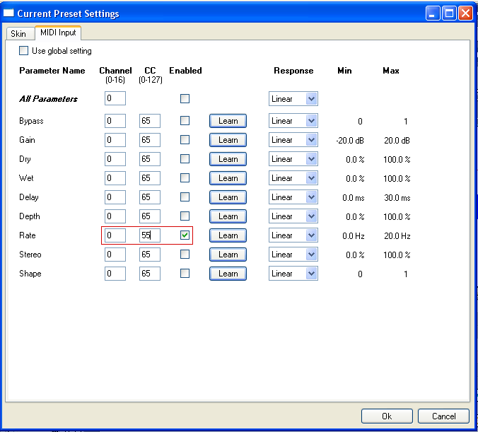 Step 06 - Enable the chorus MIDI input for one or several parameters, and set the MIDI Channel to Omni (0) and the MIDI CC to the same value as for the DPMP output
