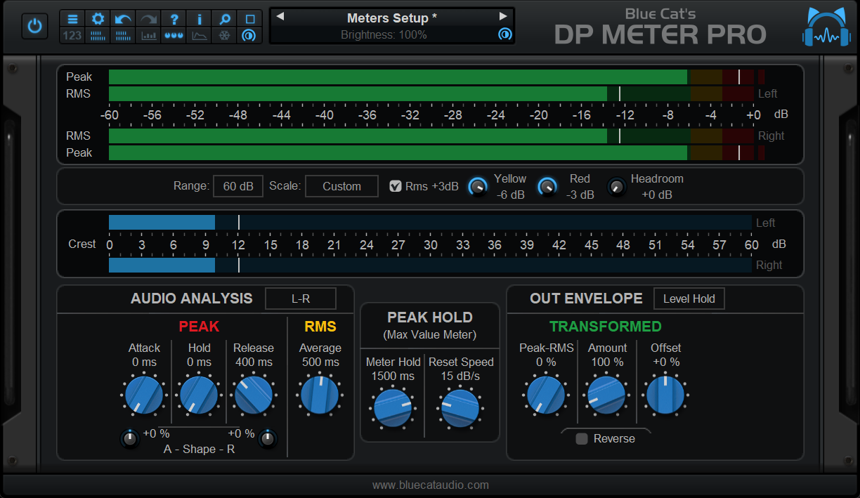 Blue Cat's DP Meter Pro - Peak, RMS, Crest factor and Dynamic Range Monitoring, with MIDI CC or Automation Generation