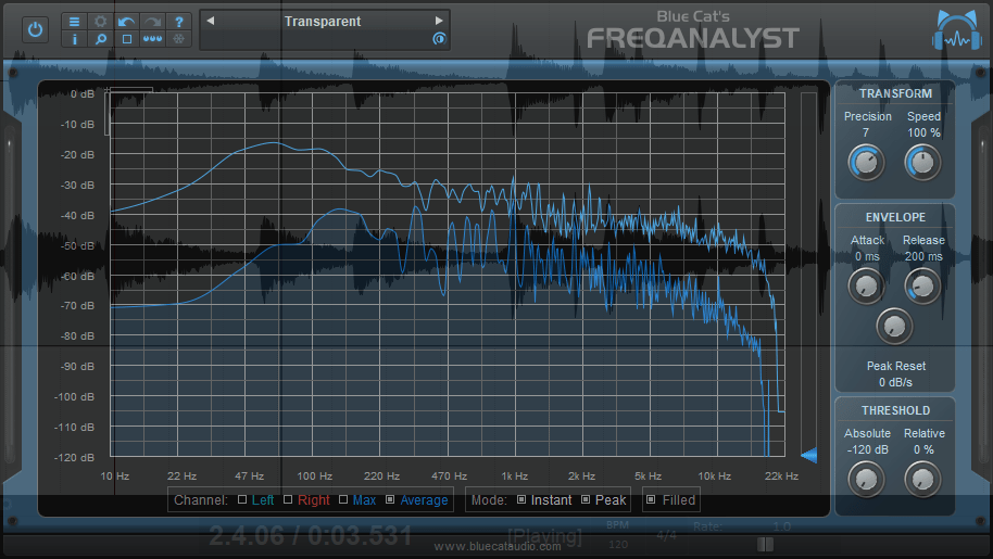 Blue Cat's FreqAnalyst - Control the opacity of the plug-in window and continue working on your project while the analysis is running.