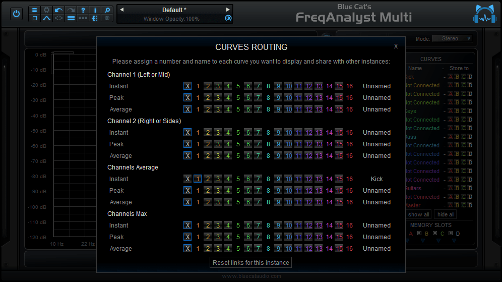 Blue Cat's FreqAnalyst Multi - Route your output curves with the routing panel