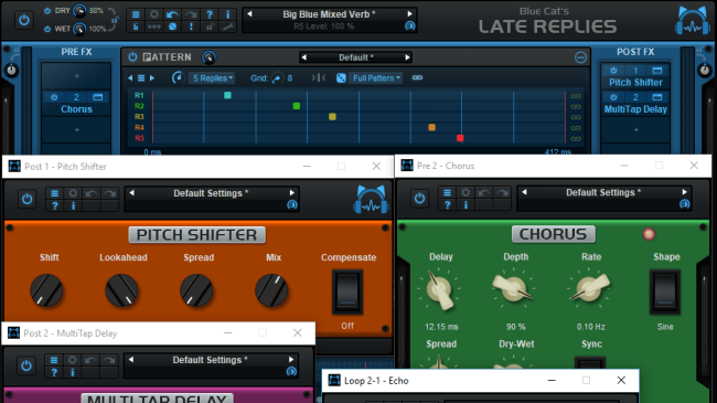 Blue Cat's Late Replies - The plug-in includes 25 built-in premium audio plug-ins that can be inserted anywhere in the signal path.