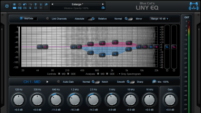Blue Cat's Liny EQ - Selecting a greyscale spectrogram, with simultaneous dual channels display and control.