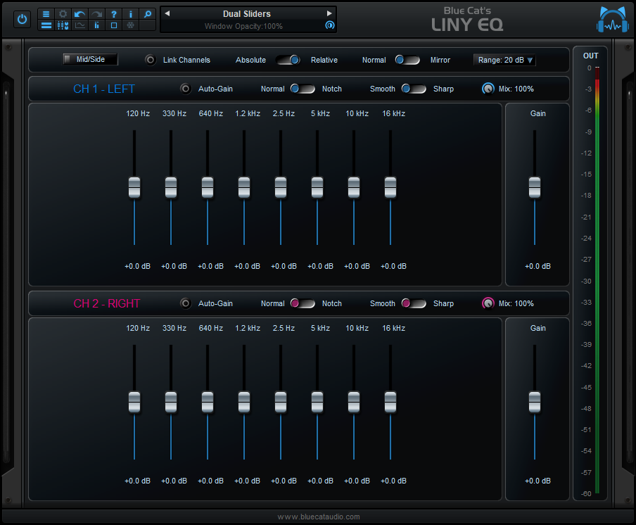 Blue Cat's Liny EQ - Fader style interface, analyzers off.