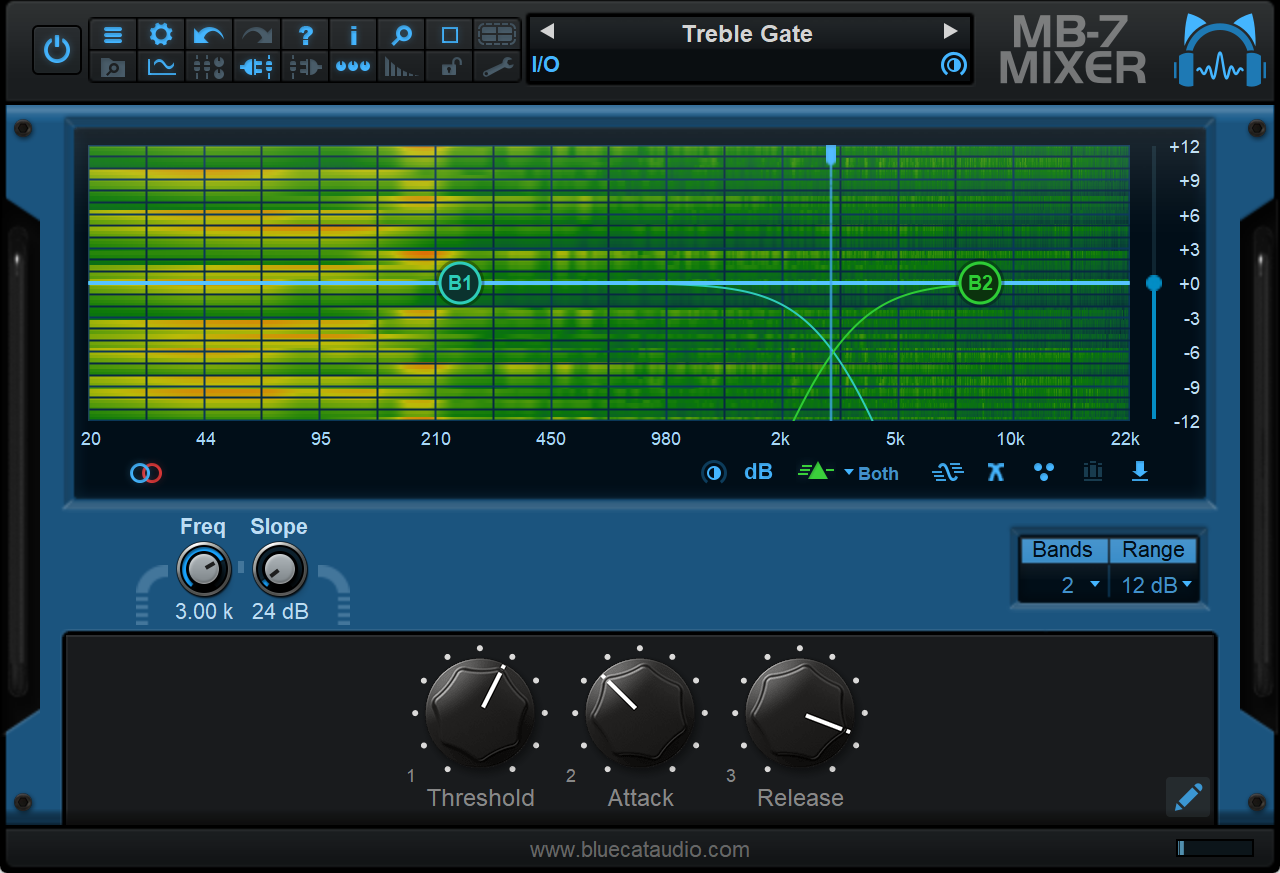 Blue Cat's MB-7 Mixer - Assign macro parameters and hide plug-ins to create your own multi band effects.