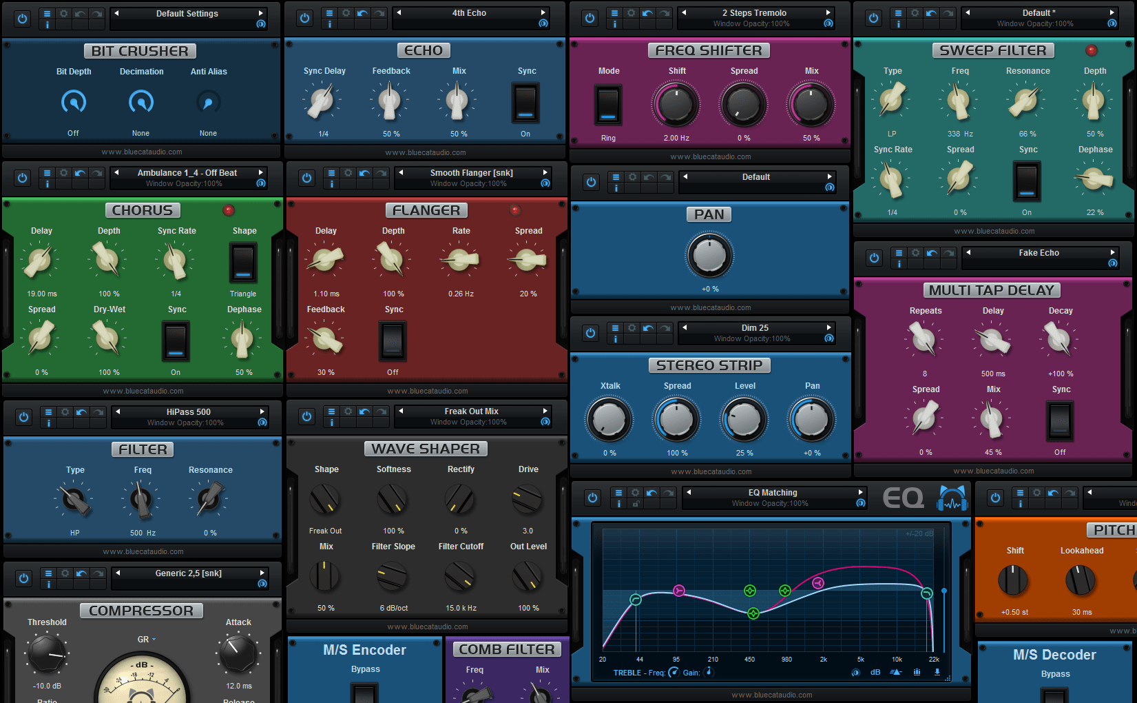 Blue Cat's MB-7 Mixer - Inludes 25 top notch built-in audio effects for multiband processing: EQ, compressor, gate, ducker, flanger, phaser, delays...