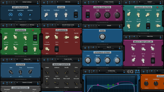 Blue Cat's MB-7 Mixer - Inludes 25 top notch built-in audio effects for multiband processing: EQ, compressor, gate, ducker, flanger, phaser, delays...