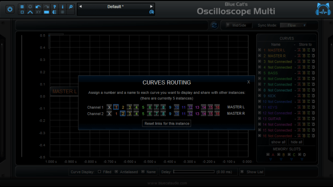 Blue Cat's Oscilloscope Multi - Name and Route the waveforms to the selected output bus and share them with other instances.