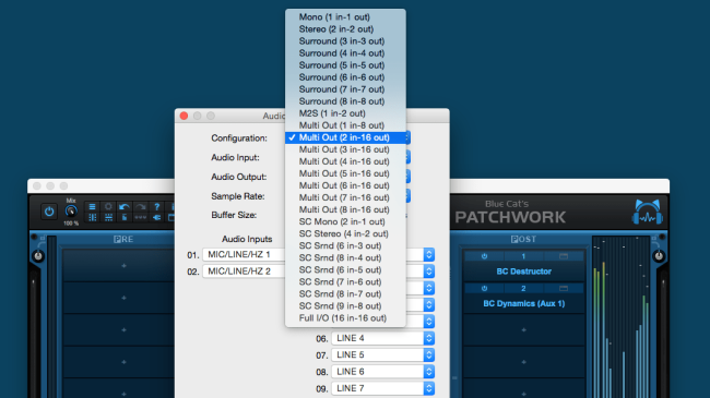 Blue Cat's PatchWork - Multiple I/O configurations, including side chain and auxiliary outputs (up to 16 I/O)